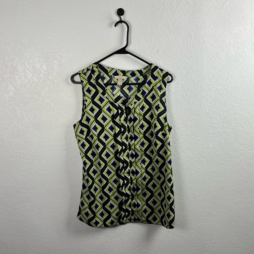 Banana Republic Women’s Black Green Geo Pattern Blouse Sz L Retro Sleeveless